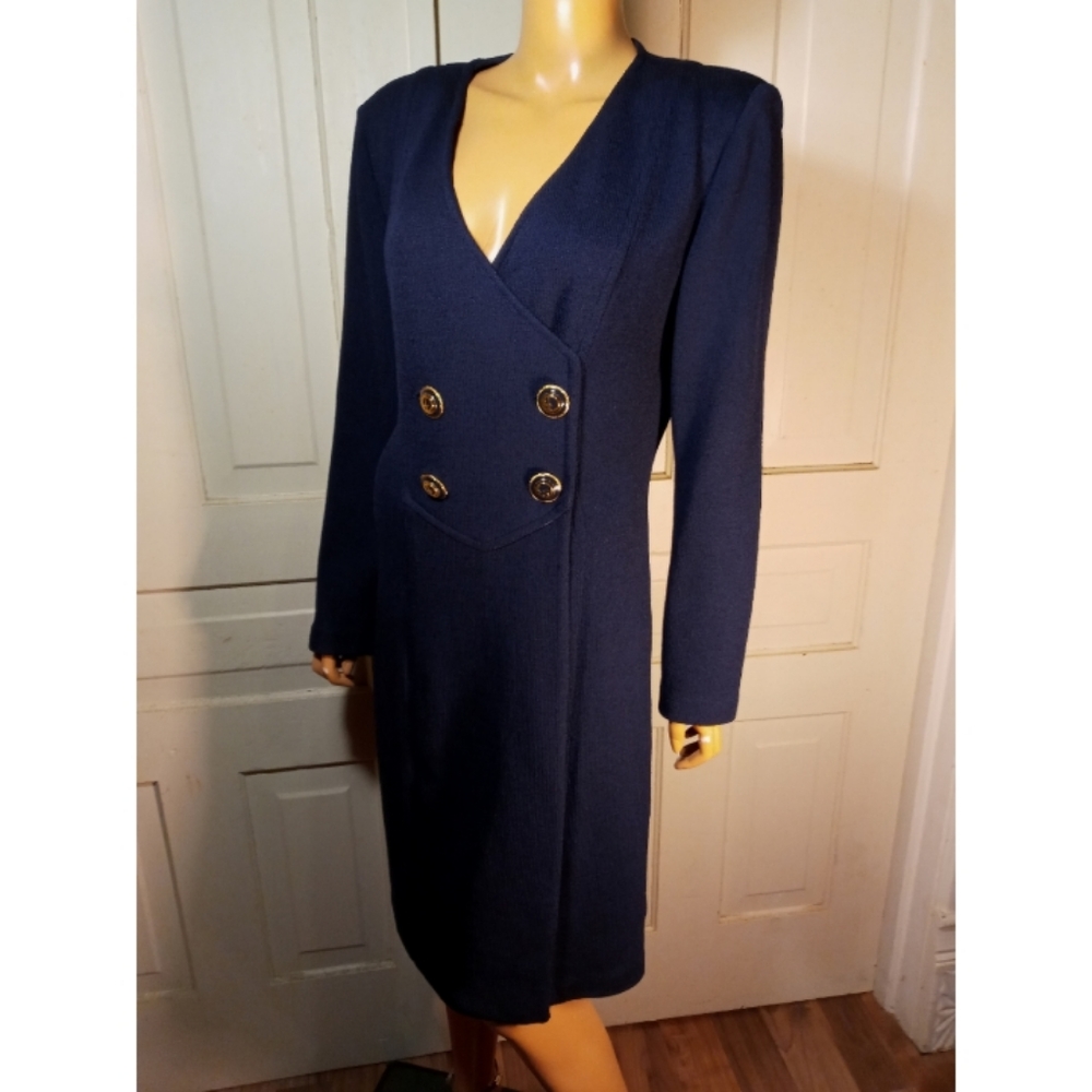 St. John Collection navy blue military knit wrap dress 10